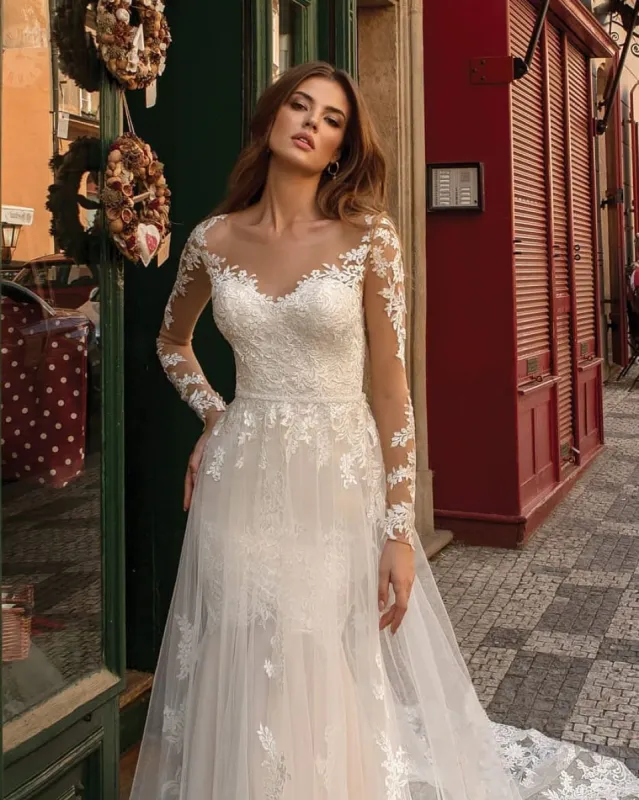 Modern Long Sleeves Mermaid Lace Ivory Wedding Dresses sold by KissProm