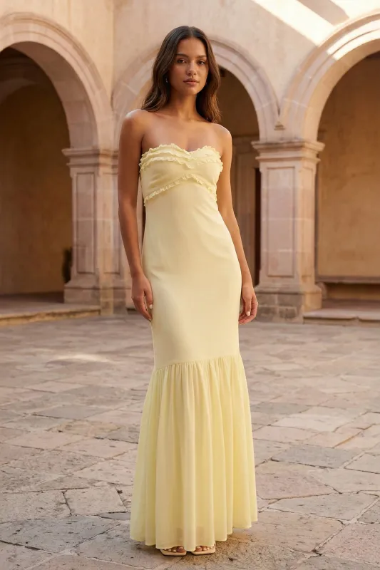 Yellow Strapless Sheath Chiffon Long Prom Dresses With Ruffles made by KissProm