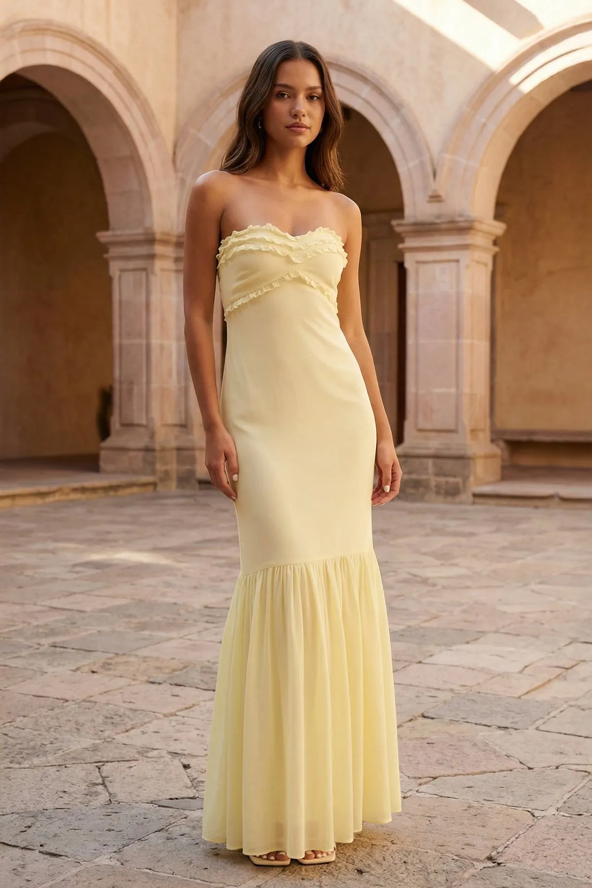 Yellow Strapless Sheath Chiffon Long Prom Dresses With Ruffles sold by KissProm