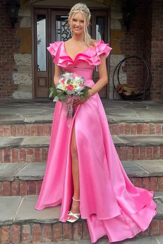 Betsy | Hot Pink V-Neck Ruffle A-Line Long Prom Dress sold by KissProm