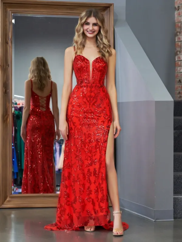 Sparkly Red Mermaid Sequins Long Prom Dress with Slit made by KissProm