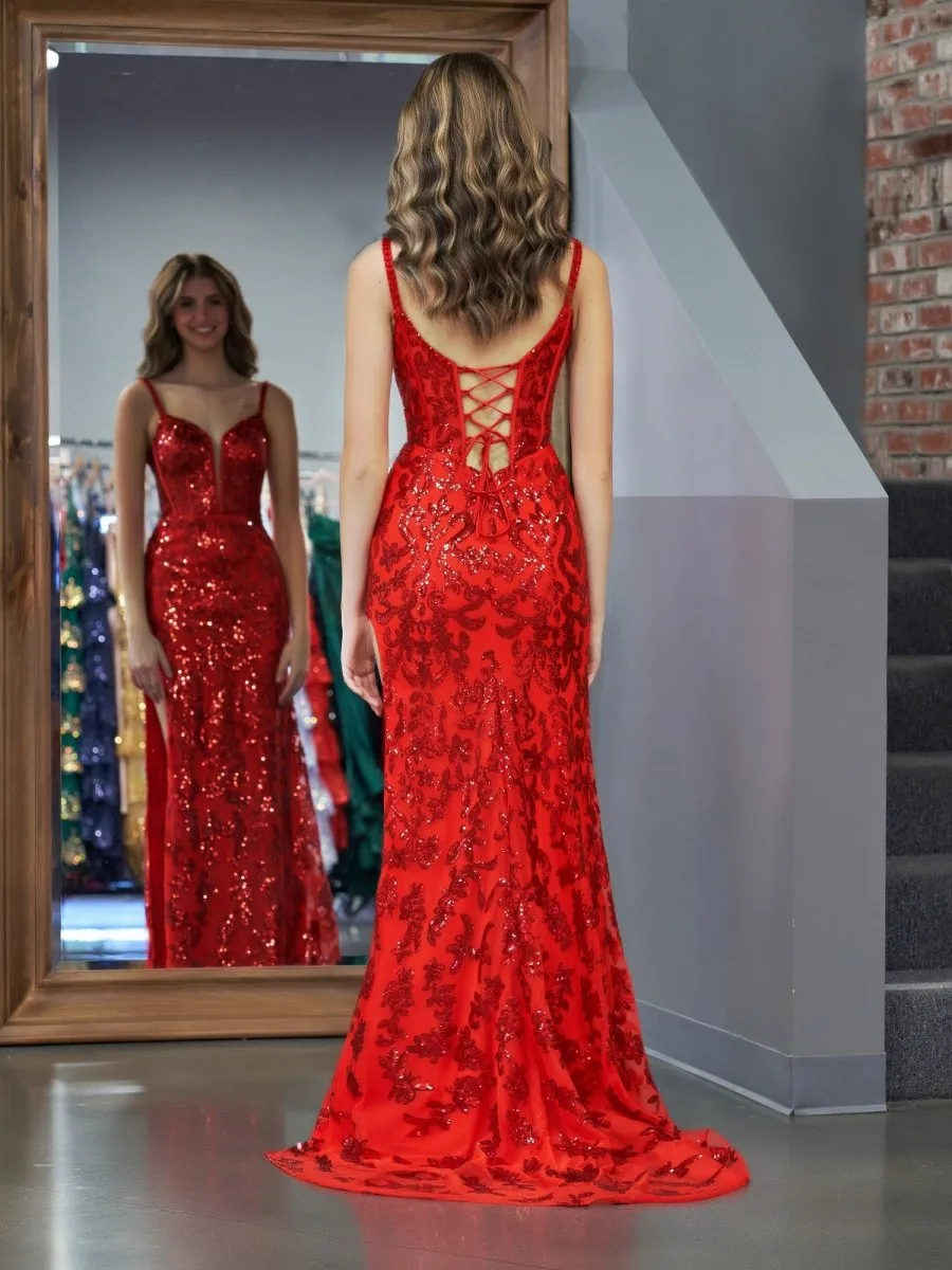 Sparkly Red Mermaid Sequins Long Prom Dress with Slit sold by KissProm product image thumbnail 3