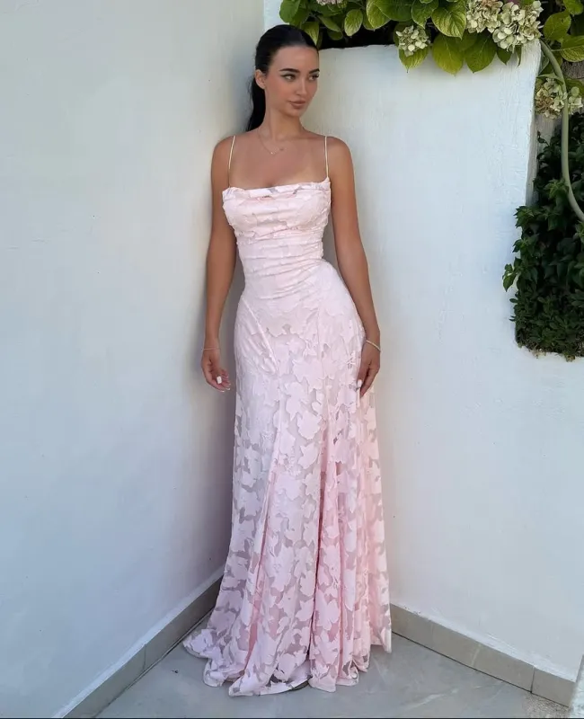 Pink A-Line Lace Floral Spaghetti Straps Long Prom Dresses made by KissProm