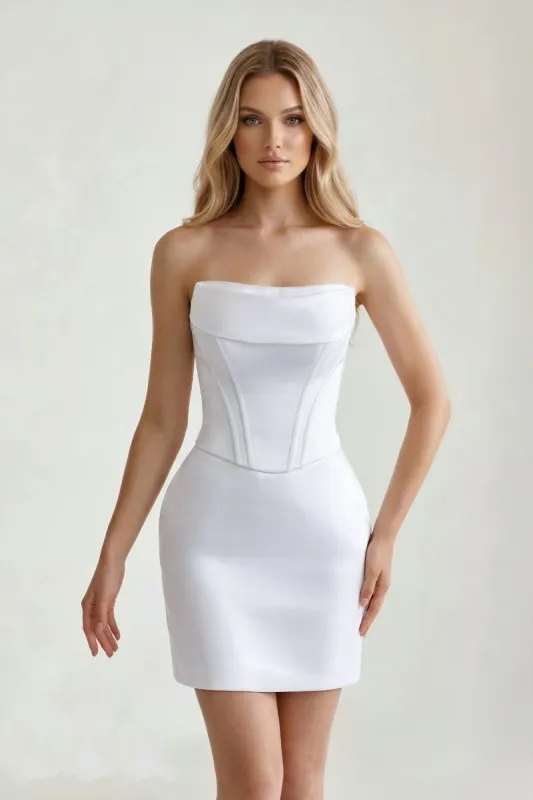 White Strapless Sheath Corset Satin Graduation Dress made by KissProm