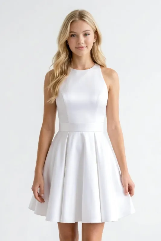White Satin Halter Mini Graduation Dress With Bow made by KissProm