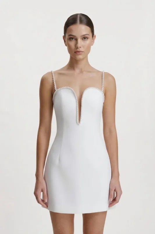 White Sheath Mini Graduation Dress With Pearl made by KissProm