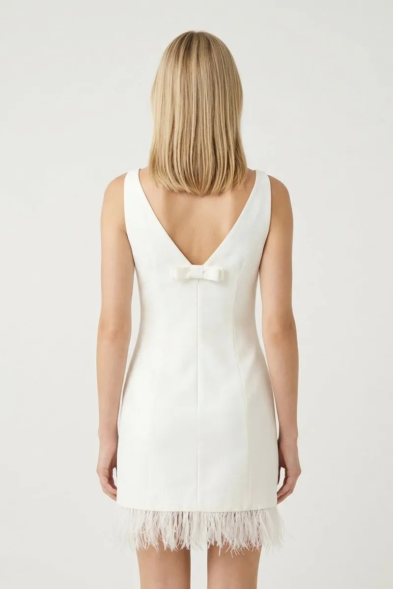 White Boat Neck Mini Graduation Dress With Feather sold by KissProm product image thumbnail 2