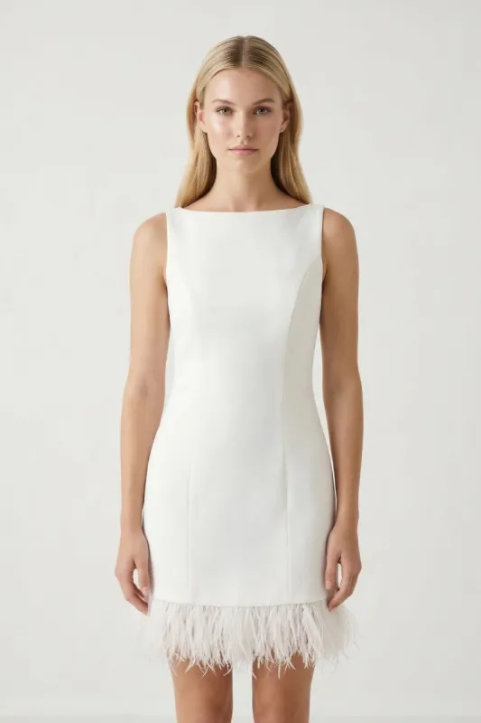 White Boat Neck Mini Graduation Dress With Feather made by KissProm