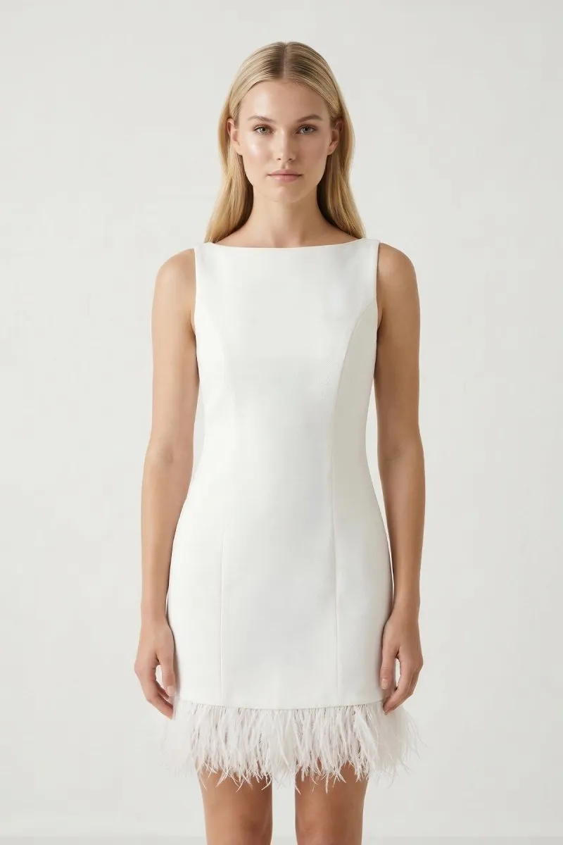 White Boat Neck Mini Graduation Dress With Feather sold by KissProm