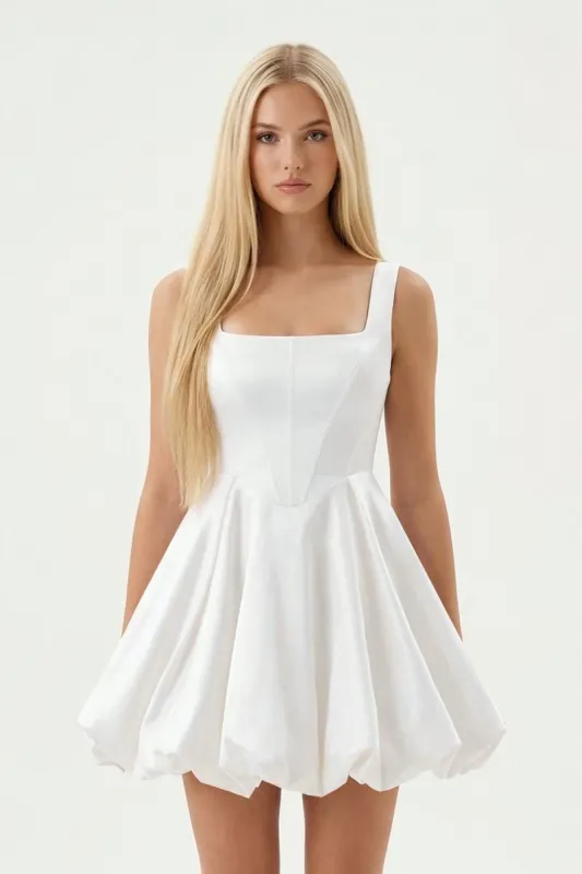White Square Neck Taffeta A-Line Mini Graduation Dress made by KissProm