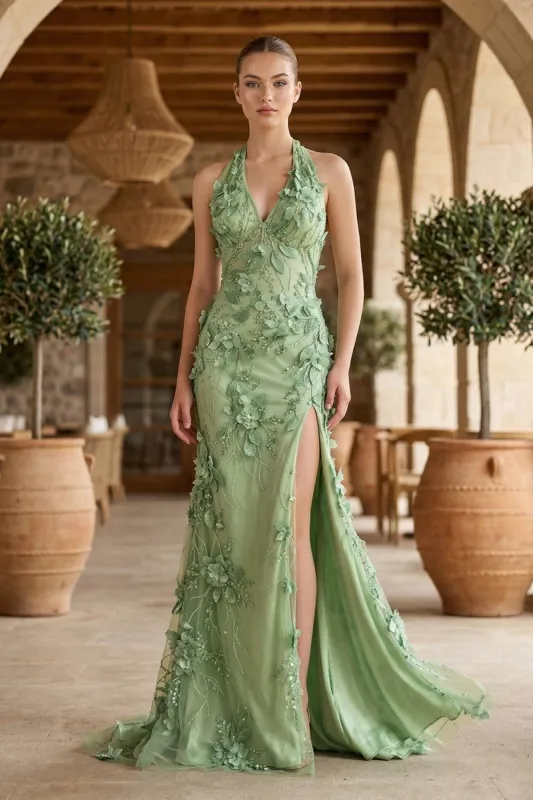 Sage Halter Sequined Sheath Long Prom Dresses With Floral Appliques made by KissProm