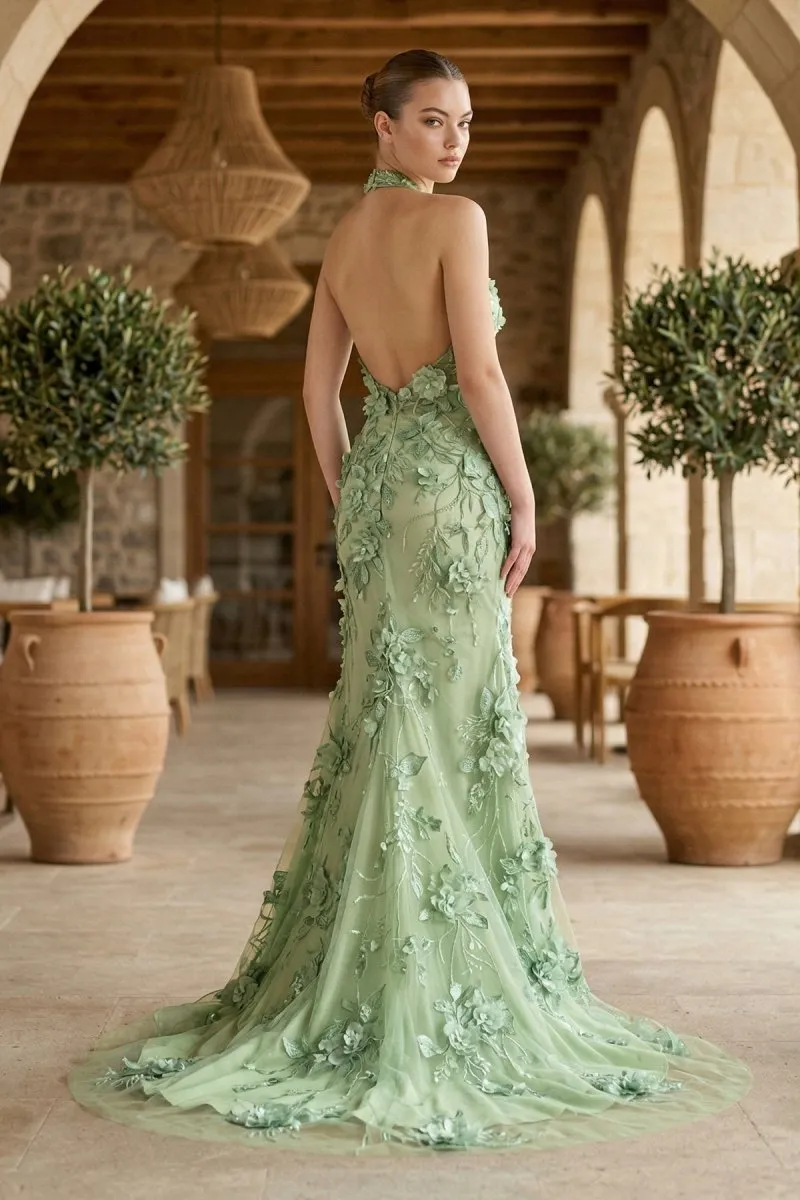 Sage Halter Sequined Sheath Long Prom Dresses With Floral Appliques sold by KissProm product image thumbnail 2