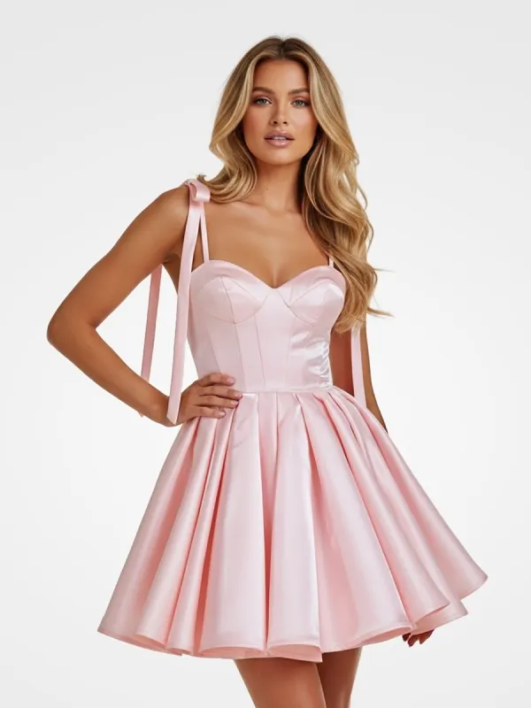 Pink - Spaghetti Straps Satin Pleated A Line Homecoming Dresses With Bow made by KissProm
