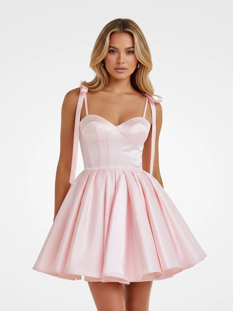 Pink - Spaghetti Straps Satin Pleated A Line Homecoming Dresses With Bow sold by KissProm product image thumbnail 2