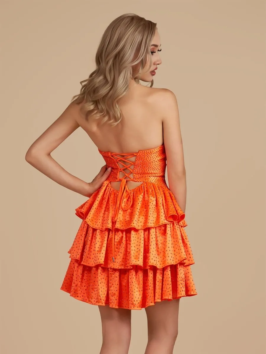 Bright Orange - A Line Sweetheart Satin Cut Out Ruffled Homecoming Dress with Beads sold by KissProm product image thumbnail 2