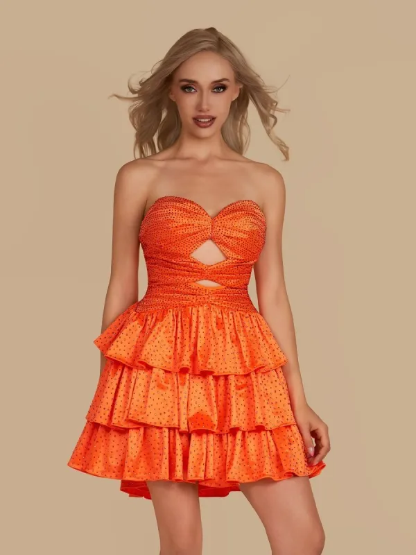 Bright Orange - A Line Sweetheart Satin Cut Out Ruffled Homecoming Dress with Beads made by KissProm