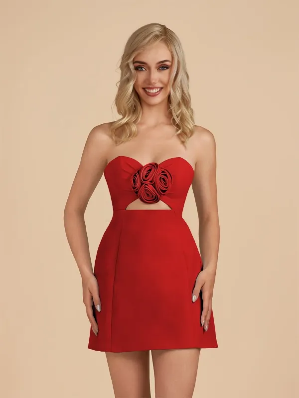 Red - Sheath Strapless Flowers Cutout Short Homecoming Dresses made by KissProm