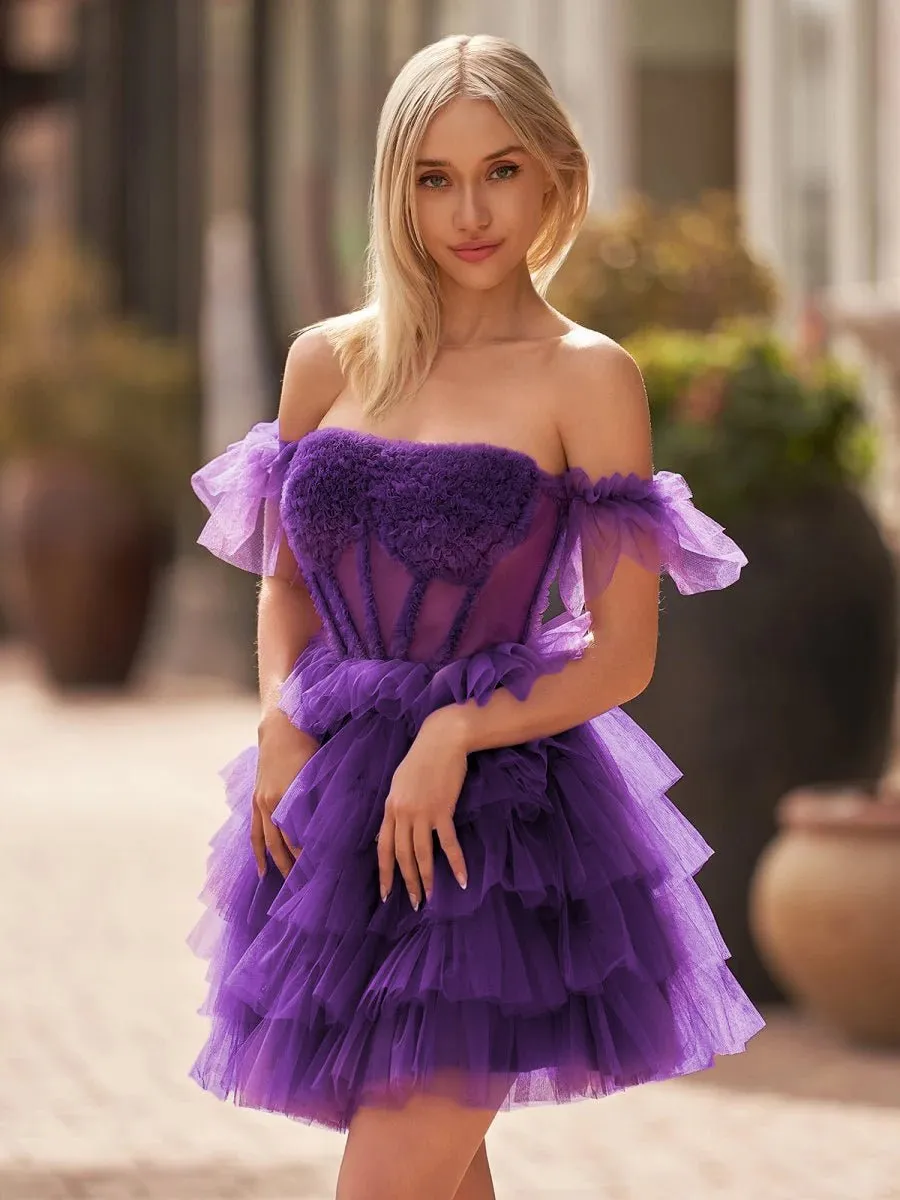 A Line Purple Off-the-Shoulder Lace-Up Ruffle Tiered Homecoming Dress sold by KissProm product image thumbnail 4