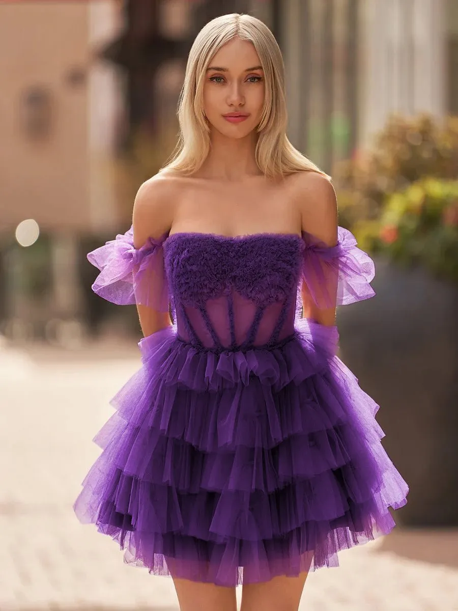 A Line Purple Off-the-Shoulder Lace-Up Ruffle Tiered Homecoming Dress sold by KissProm