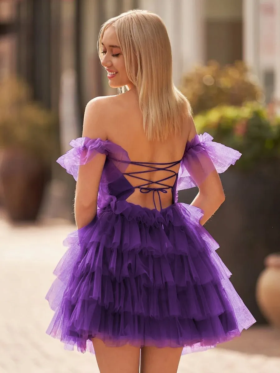 A Line Purple Off-the-Shoulder Lace-Up Ruffle Tiered Homecoming Dress sold by KissProm product image thumbnail 2