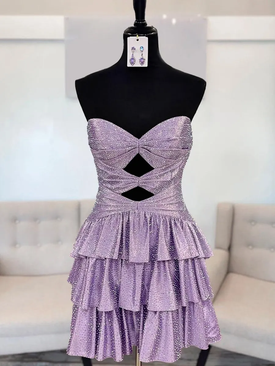 Lilac - A Line Sweetheart Satin Cut Out Ruffled Homecoming & Cocktail Dresses with Beads sold by KissProm product image thumbnail 3