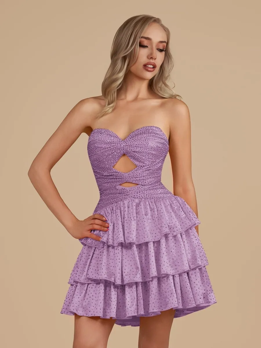 Lilac - A Line Sweetheart Satin Cut Out Ruffled Homecoming & Cocktail Dresses with Beads sold by KissProm