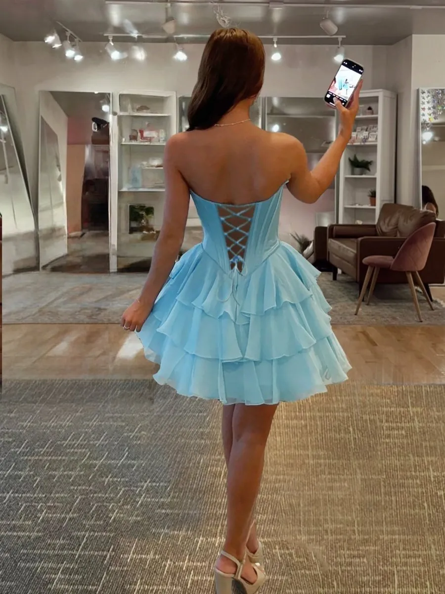 Sky Blue - A-Line Sweetheart Corset Ruffle Homecoming Dress With Applique sold by KissProm product image thumbnail 2