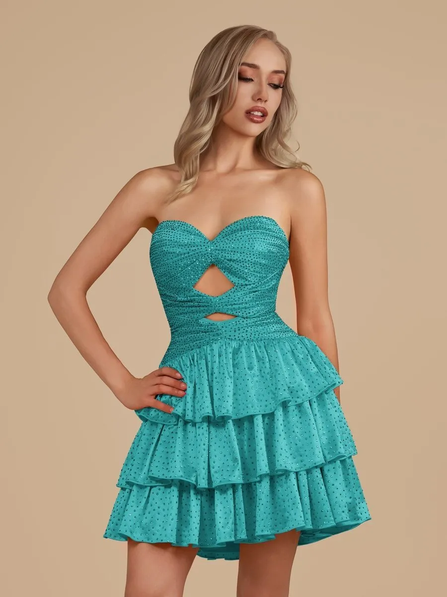 Turquoise - A Line Sweetheart Satin Cut Out Ruffled Homecoming & Cocktail Dresses with Beads sold by KissProm
