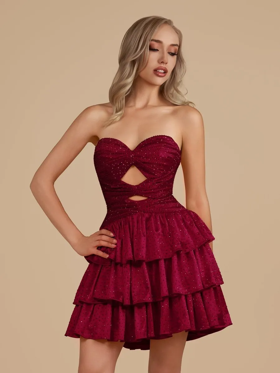 Burgundy - A Line Sweetheart Satin Cut Out Ruffled Homecoming & Cocktail Dresses with Beads sold by KissProm