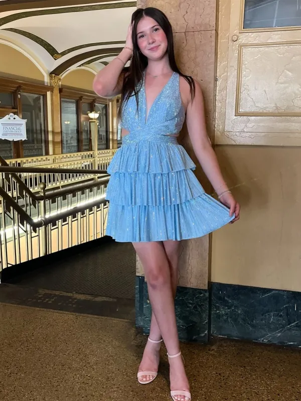 Blue - V Neck A Line Cutout Satin Tiered Homecoming Dress With Beading made by KissProm