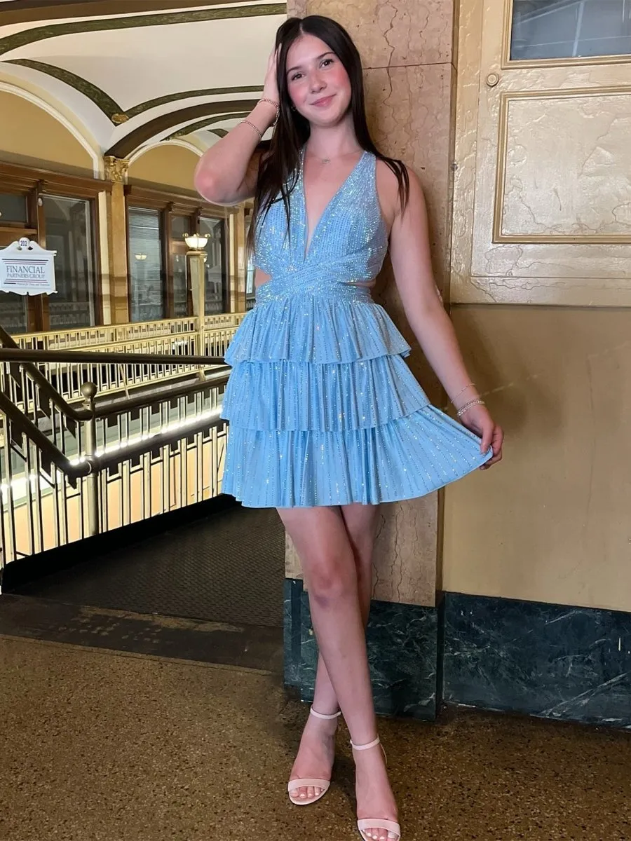 Blue - V Neck A Line Cutout Satin Tiered Homecoming Dress With Beading sold by KissProm