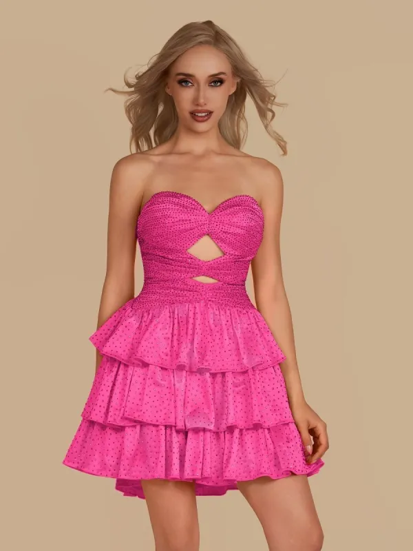 Hot Pink - A Line Sweetheart Satin Cut Out Ruffled Homecoming & Cocktail Dresses with Beads made by KissProm