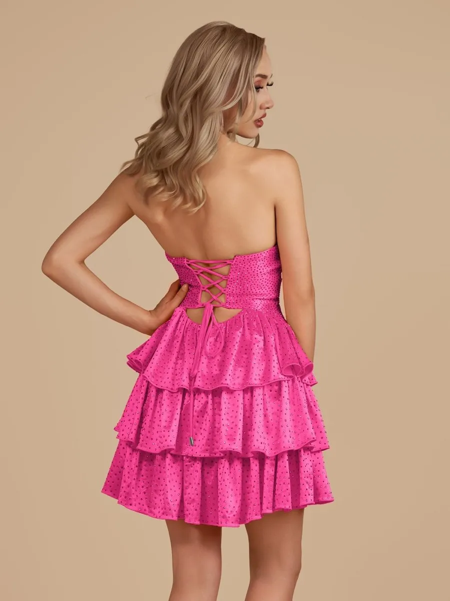 Hot Pink - A Line Sweetheart Satin Cut Out Ruffled Homecoming & Cocktail Dresses with Beads sold by KissProm product image thumbnail 2