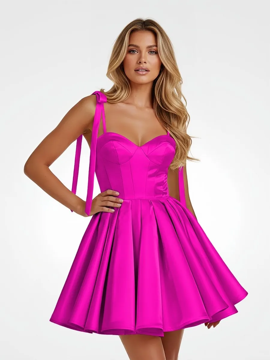 Fuchsia - Spaghetti Straps Satin Pleated A Line Homecoming Dresses With Bow sold by KissProm product image thumbnail 2