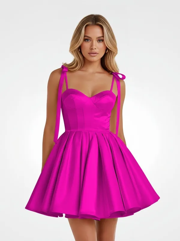Fuchsia - Spaghetti Straps Satin Pleated A Line Homecoming Dresses With Bow made by KissProm