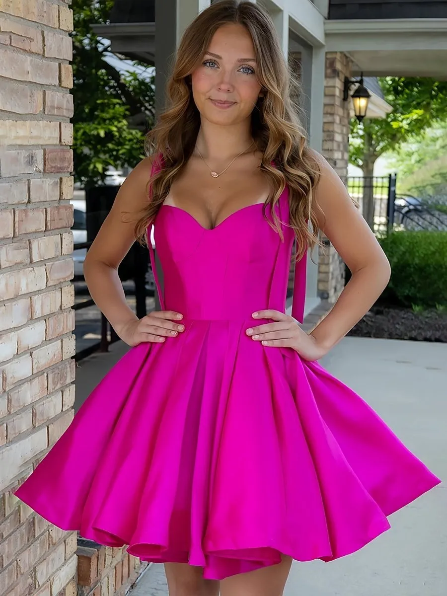 Fuchsia - Spaghetti Straps Satin Pleated A Line Homecoming Dresses With Bow sold by KissProm product image thumbnail 5