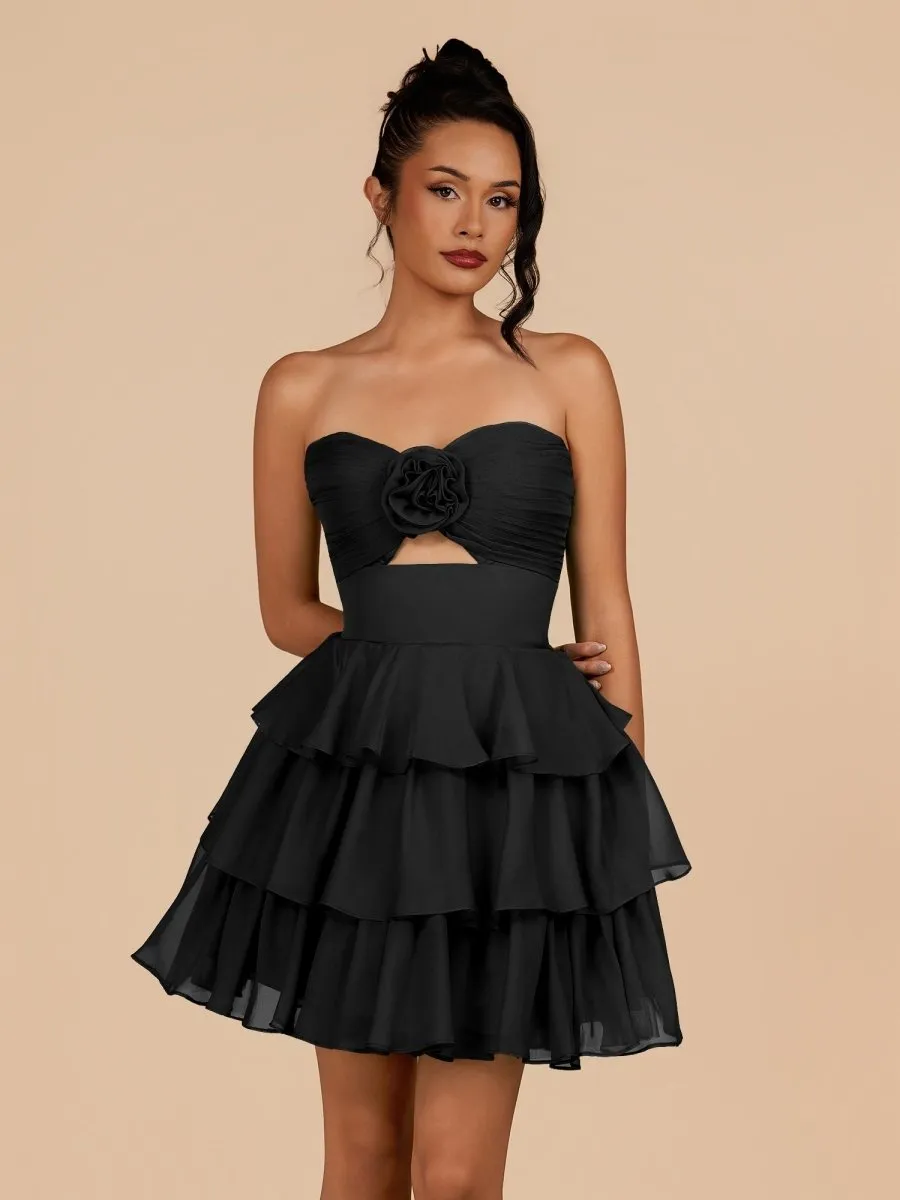 Black - Strapless A Line Chiffon Ruffles Homecoming Dresses With Flower sold by KissProm