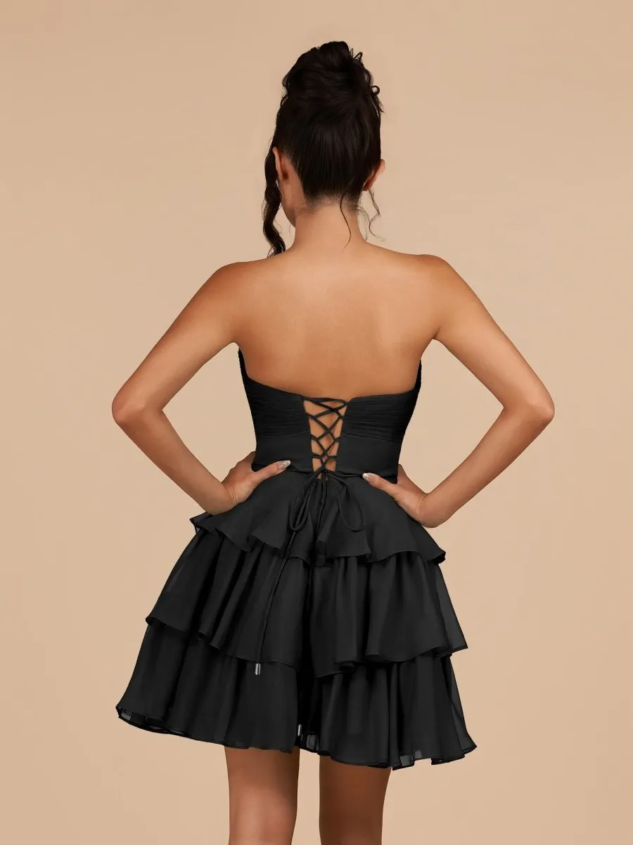 Black - Strapless A Line Chiffon Ruffles Homecoming Dresses With Flower sold by KissProm product image thumbnail 2
