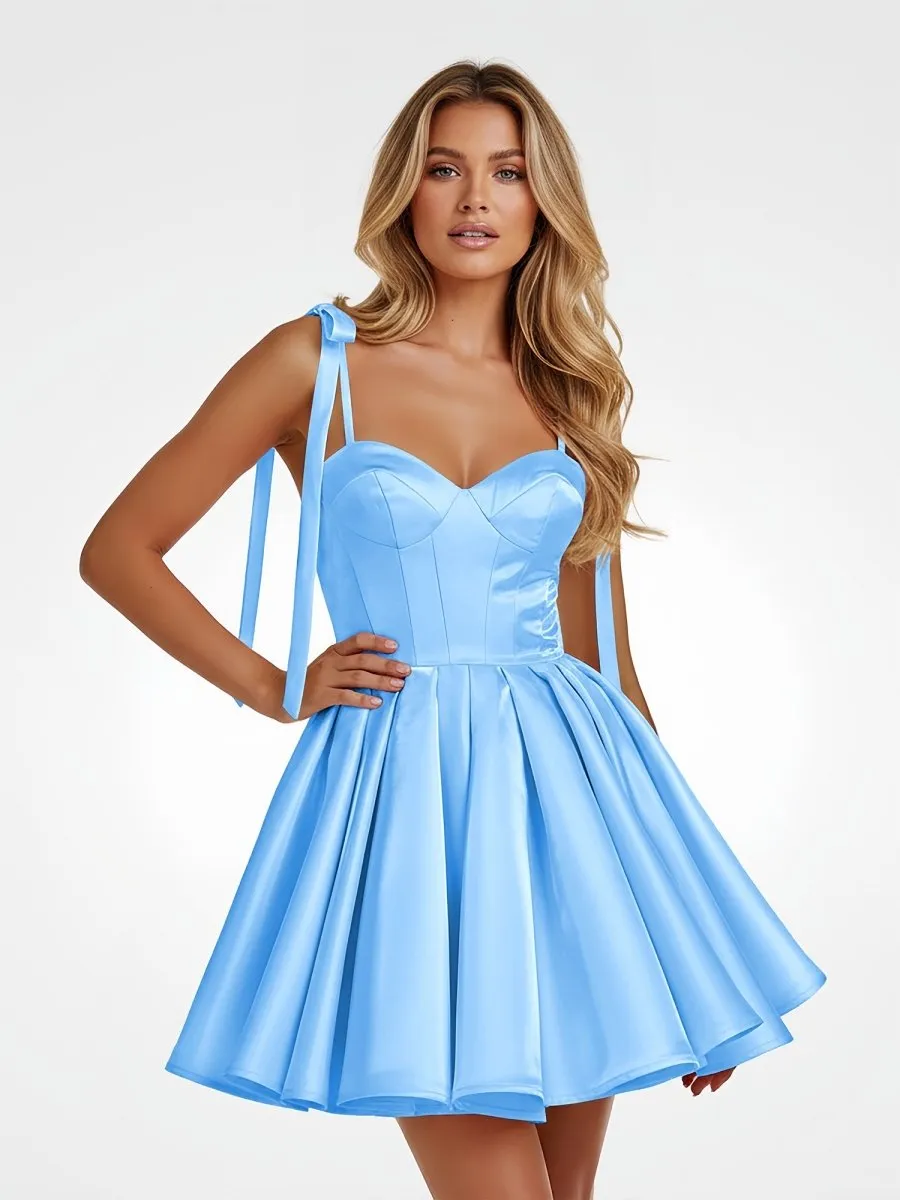 Blue - Spaghetti Straps Satin Pleated A Line Homecoming Dresses With Bow sold by KissProm product image thumbnail 2