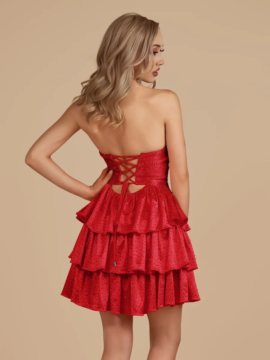 Red - A Line Sweetheart Satin Cut Out Ruffled Homecoming & Cocktail Dresses with Beads sold by KissProm product image thumbnail 4
