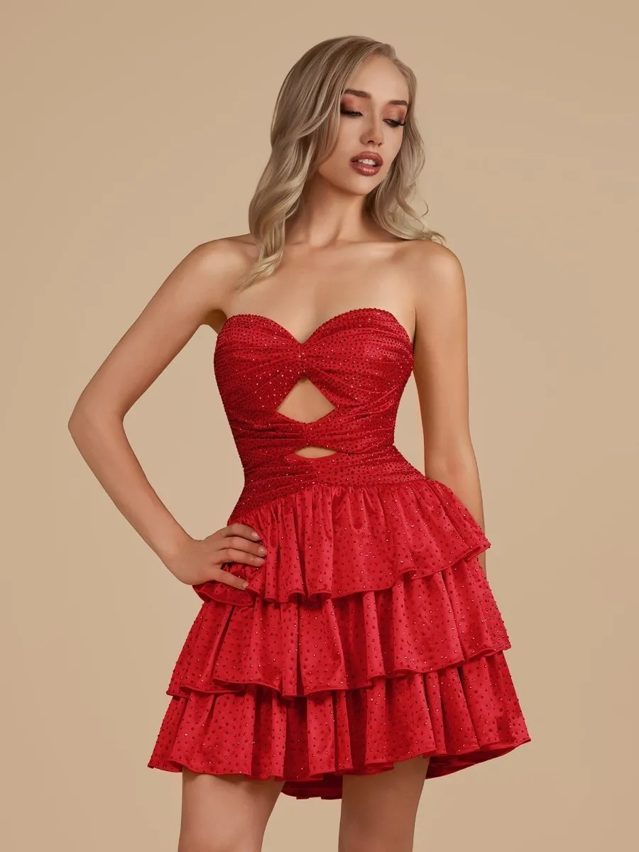 Red - A Line Sweetheart Satin Cut Out Ruffled Homecoming & Cocktail Dresses with Beads sold by KissProm product image thumbnail 3