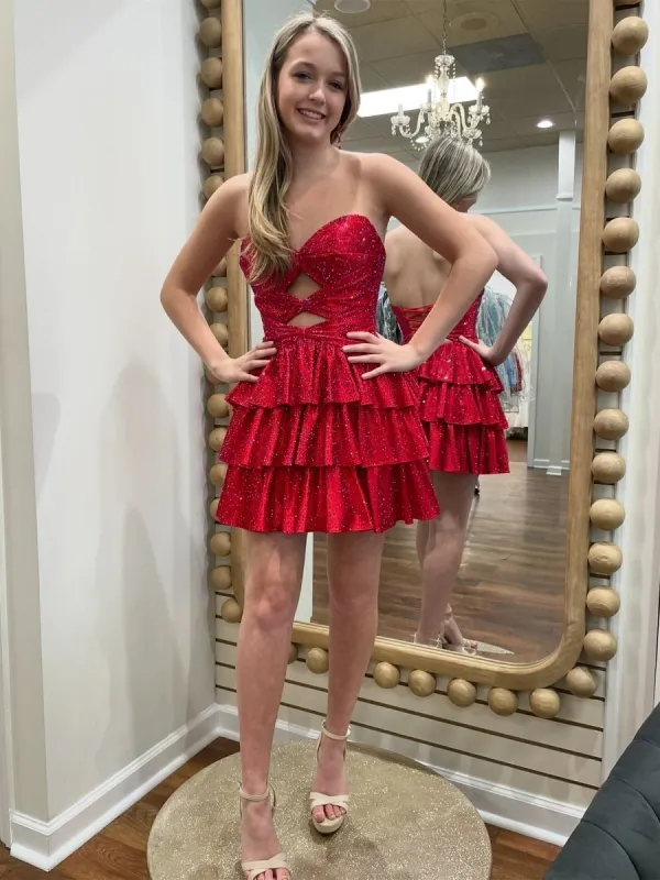 Red - A Line Sweetheart Satin Cut Out Ruffled Homecoming & Cocktail Dresses with Beads made by KissProm