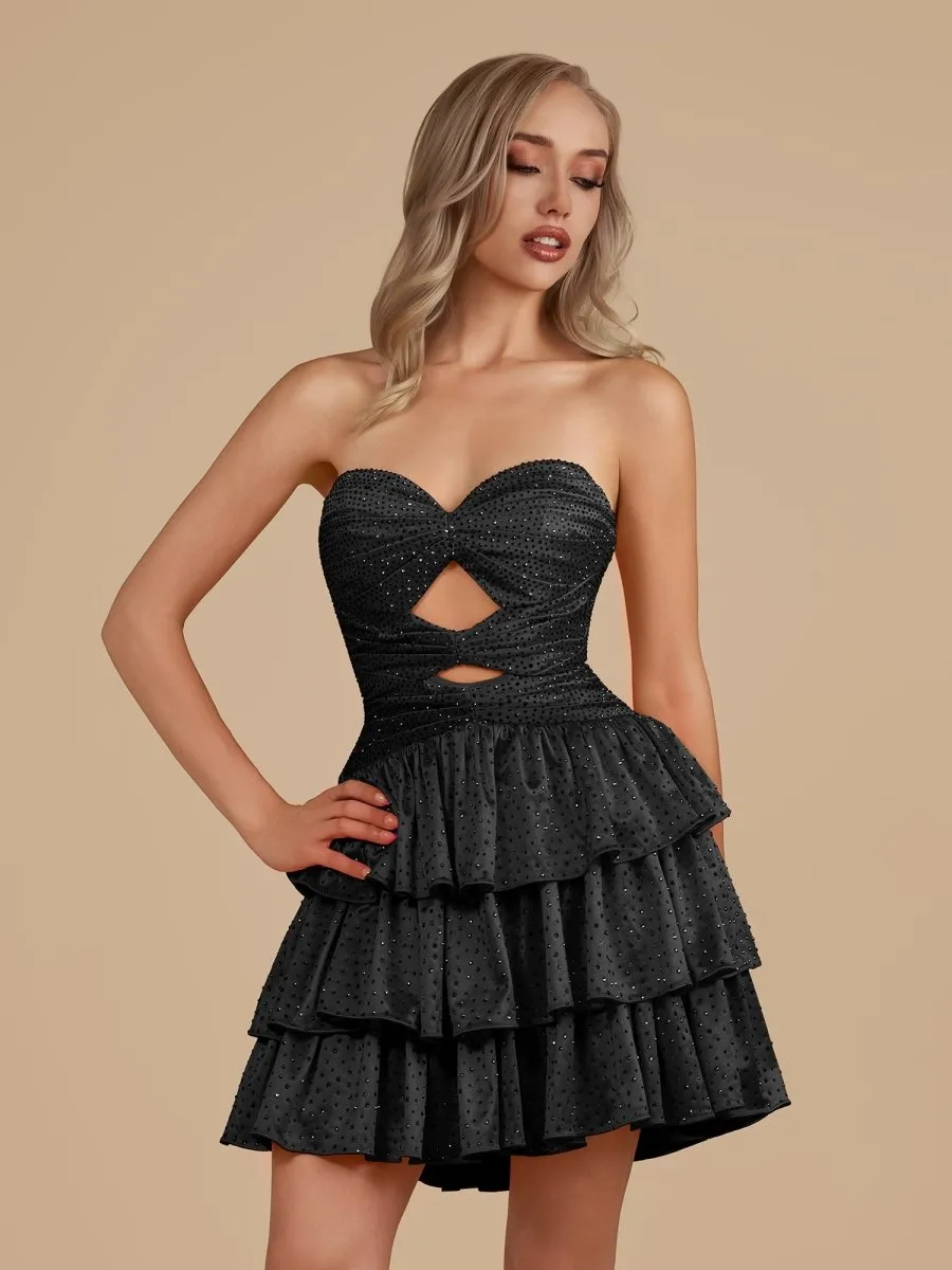 Black - A Line Sweetheart Satin Cut Out Ruffled Homecoming & Cocktail Dresses with Beads sold by KissProm product image thumbnail 2