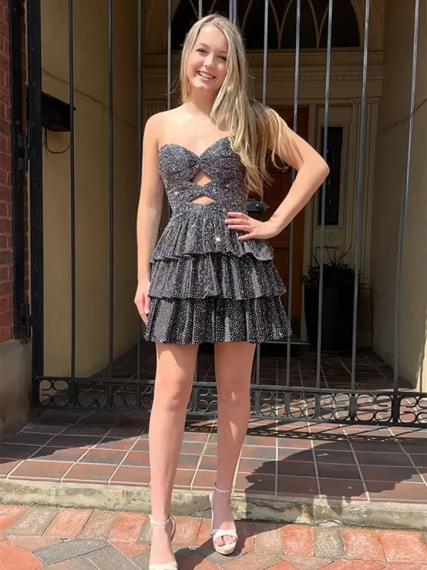 Black - A Line Sweetheart Satin Cut Out Ruffled Homecoming & Cocktail Dresses with Beads made by KissProm