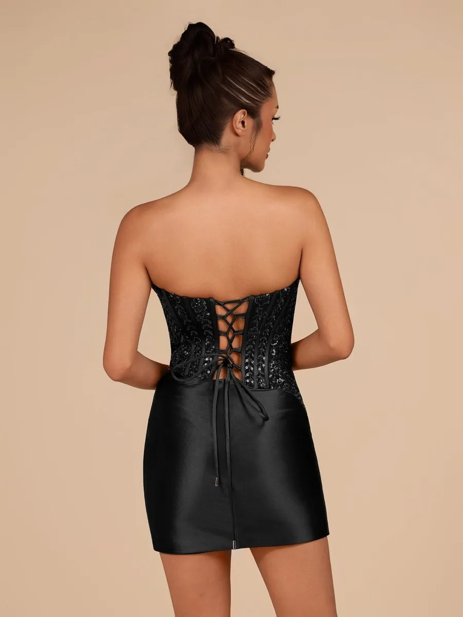 Black - Strapless Bodycon Satin Pleated Short Homecoming & Cocktail Dresses With Beading sold by KissProm product image thumbnail 4