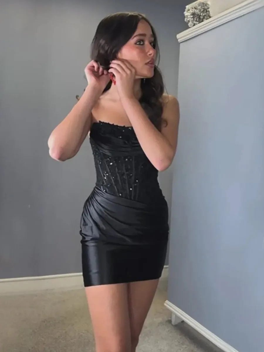 Black - Strapless Bodycon Satin Pleated Short Homecoming & Cocktail Dresses With Beading sold by KissProm