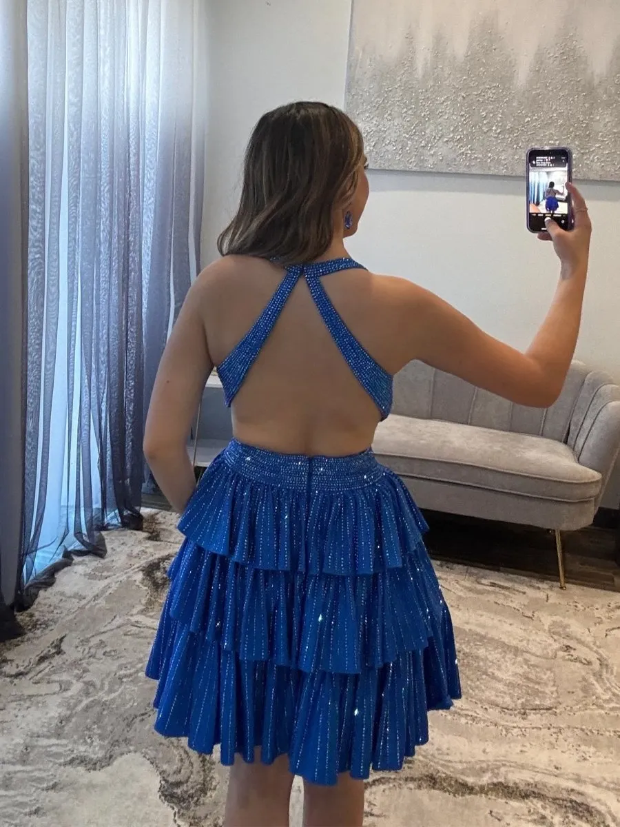 Royal Blue - V Neck A Line Cutout Satin Tiered Homecoming Dress With Beading sold by KissProm product image thumbnail 5