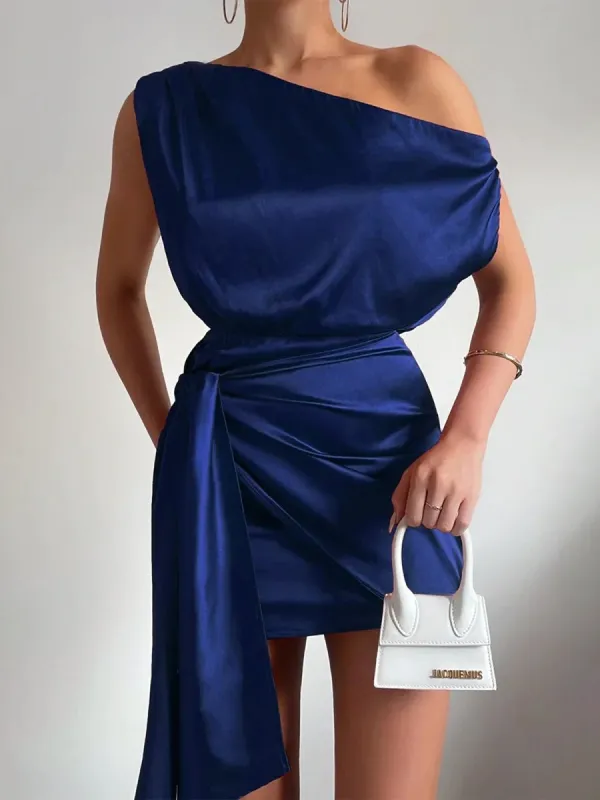 Navy Blue - Sheath One Shoulder Satin Homecoming Dresses with Drape made by KissProm
