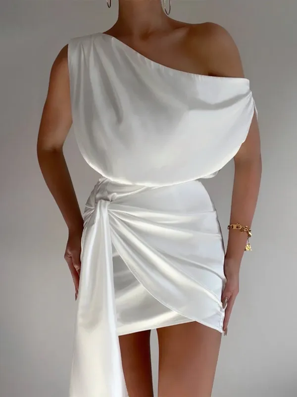 White - Sheath One Shoulder Satin Homecoming Dresses with Drape made by KissProm