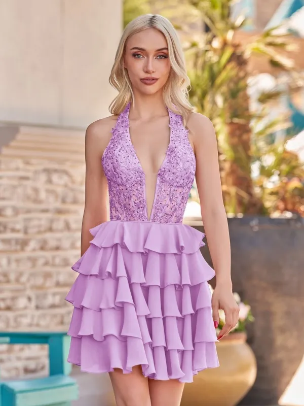 Lilac - Halter Lace and Chiffon Ruffle Homecoming Dress made by KissProm